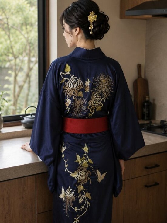Other - Japanese blue kimono embroidered flowers
